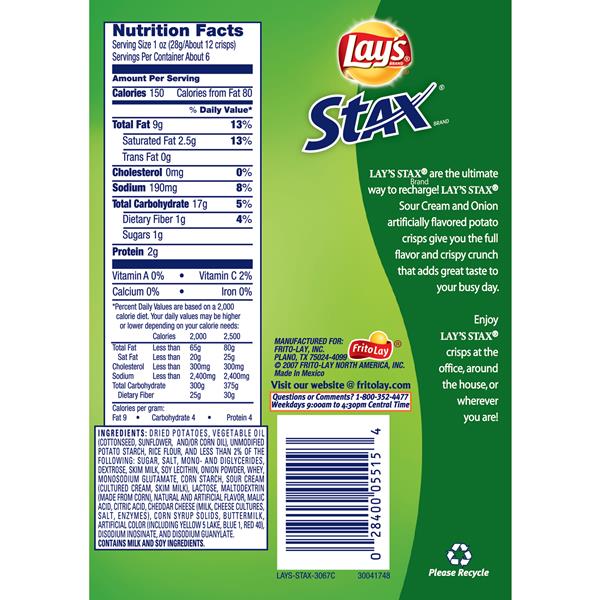Lay S Stax Sour Cream Onion Potato Crisps